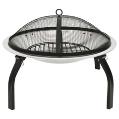 A stainless steel 2-in-1 fire pit and BBQ with mesh cover, cooking grid, poker, and foldable legs.