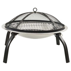 Stainless steel fire pit with mesh cover, cooking grid, poker, and foldable legs.