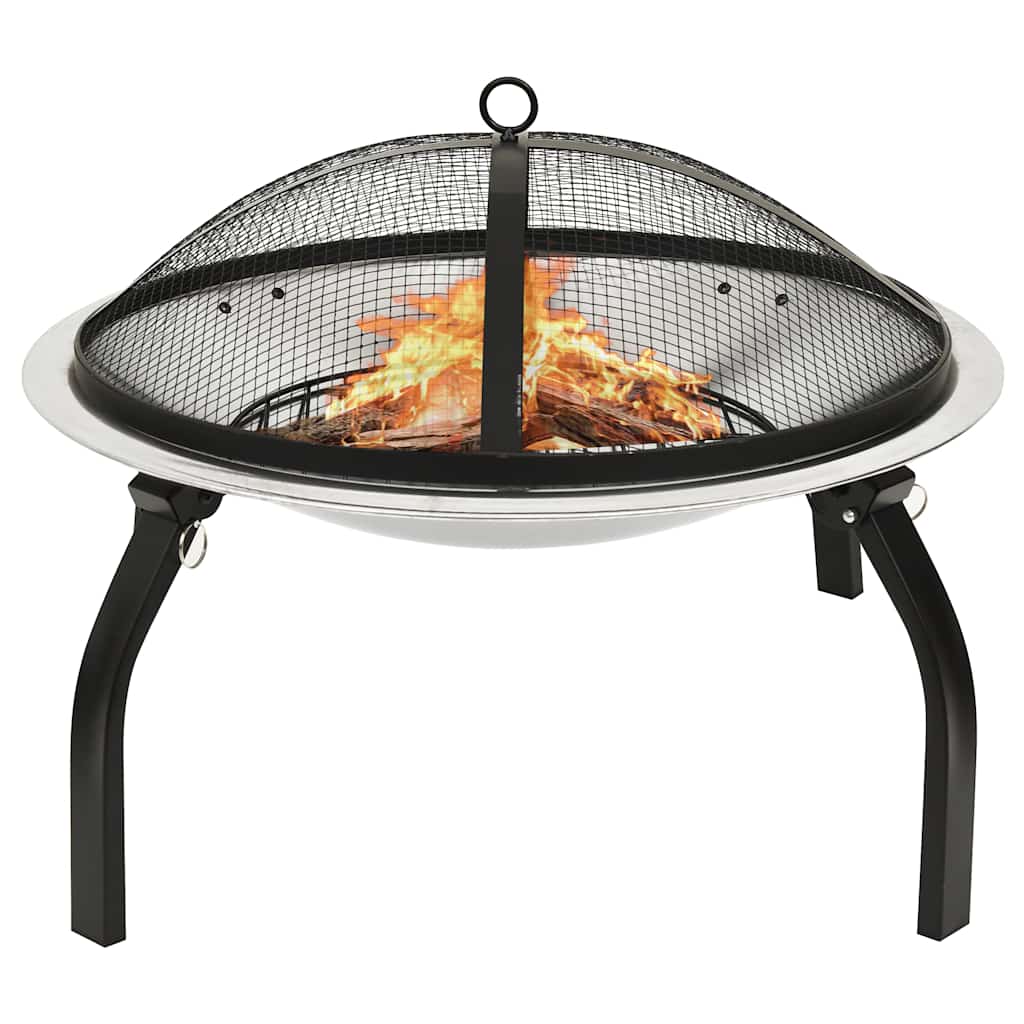 Stainless steel fire pit with mesh cover, poker, and foldable legs, 22x22x19.3 inches.
