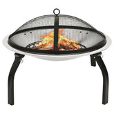 Stainless steel fire pit with mesh cover, poker, and foldable legs, 22x22x19.3 inches.