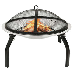 Stainless steel fire pit with mesh cover, poker, and foldable legs, 22x22x19.3 inches.