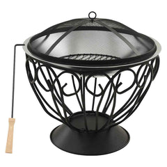 Black metal fire pit with mesh cover, cooking grid, and wooden-handled poker tool.