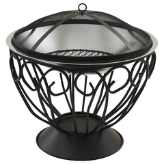 Black wrought iron fire pit with mesh lid and swirling base on stand.