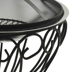 Bostome 2-in-1 stainless steel fire pit BBQ with mesh cover and black metal stand.