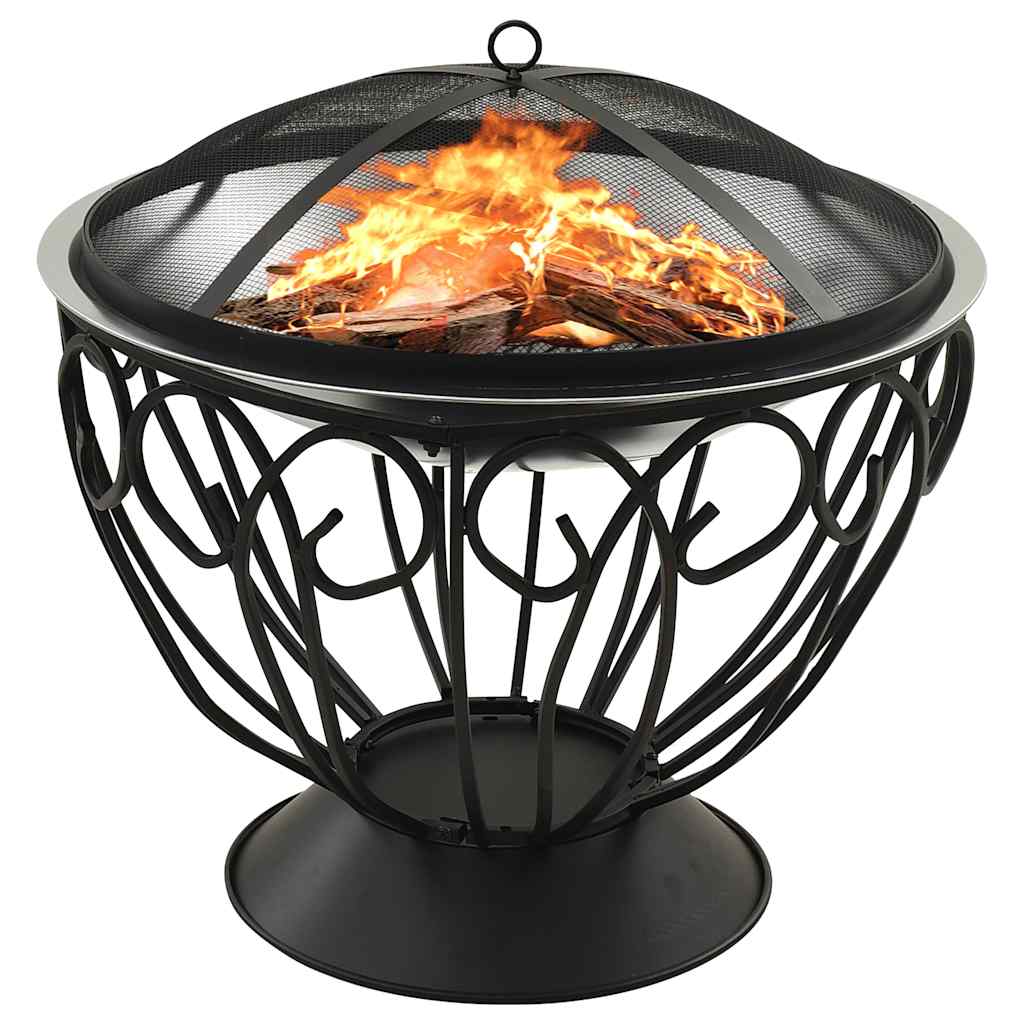 Black wrought iron fire pit with burning logs and mesh spark screen.