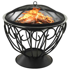 Black wrought iron fire pit with burning logs and mesh spark screen.