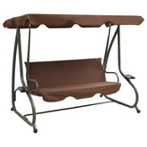 Brown outdoor swing bench with canopy and cushioned seat for two.