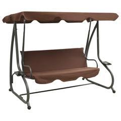 Brown outdoor swing bench with canopy and cushioned seat for two.