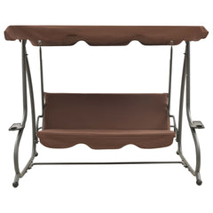 Brown outdoor swing bench with canopy and cushioned seat for two.