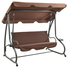 Brown outdoor swing bench with canopy and metal frame for two people