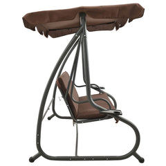 Brown outdoor swing bench with canopy and cushioned seat for two.