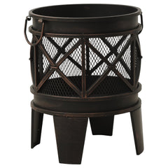Black brown rustic steel fire pit with 16.5-inch diameter bowl, mesh lid, side handles, and four legs.