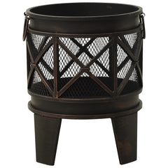 Black brown rustic steel fire pit, 16.5-inch diameter bowl with mesh lid and handles on legs.