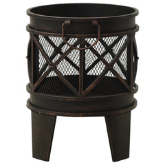 Rustic steel fire pit with 16.5-inch black brown bowl, mesh lid, handles, and legs.