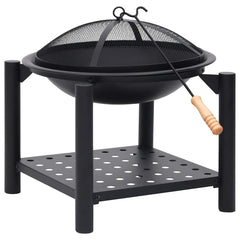 Black steel fire pit with mesh guard, poker, and lower shelf, measuring 21.3x21.3x21.7 inches.