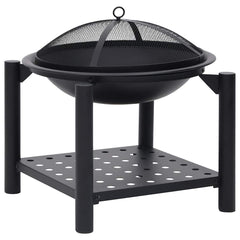 Black steel fire pit with mesh lid, poker, and lower shelf on four legs.