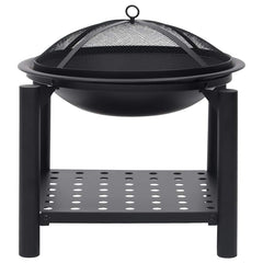 Black steel fire pit with mesh lid, poker, and lower shelf on legs.