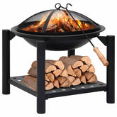 Black steel fire pit with mesh lid, poker, and firewood shelf.