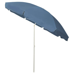 A blue UV-protective beach parasol with a 118-inch canopy and tilt-adjustable pole.