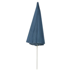 Closed blue beach parasol with white pole and built-in anchor for sand or table use.
