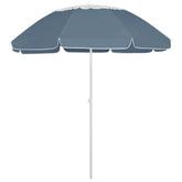 Blue UV-protective beach parasol with 118.1-inch diameter and tilt pole.