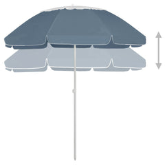 Blue beach parasol with UV protection, 118.1-inch diameter, shown open and with height arrows.