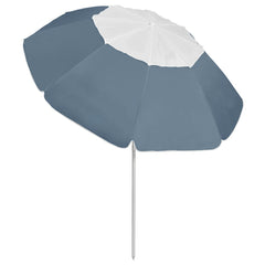 Large blue and white beach parasol with 118.1 inch diameter and adjustable tilt pole.