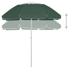 Large green double-canopy beach parasol with vented design and adjustable tilt on a white pole.