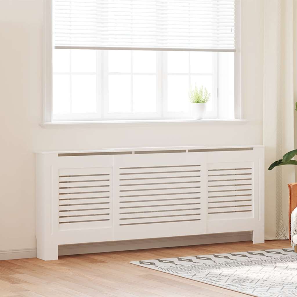 White adjustable MDF radiator cover with shelf, 55.9-80.7in wide, in a living room.