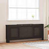 Black MDF radiator cover with slatted doors and shelf, adjustable from 55.9 to 80.7 inches, in a living room.