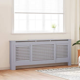 Gray MDF radiator cover with adjustable width of 55.9-80.7 inches and built-in shelf.