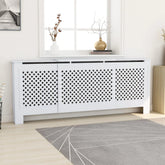 White MDF radiator cover cabinet with adjustable width and slatted front.