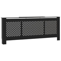 Black adjustable MDF radiator cover with lattice front and shelf, 55.9-80.7 inches wide.