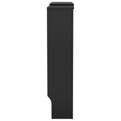 Black adjustable MDF radiator cover, 55.9-80.7 inches wide, with slatted front and shelf.