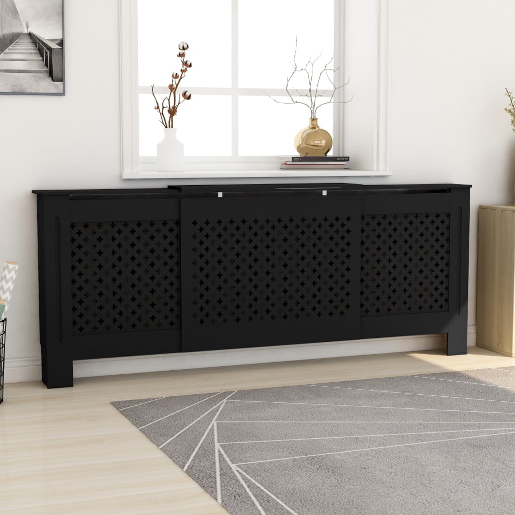 Black adjustable MDF radiator cover, 55.9-80.7 inches wide, with slatted front and shelf.