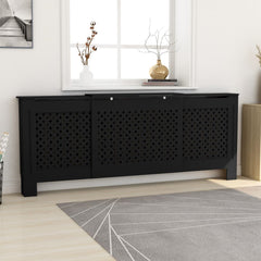 Black adjustable MDF radiator cover, 55.9-80.7 inches wide, with slatted front and shelf.