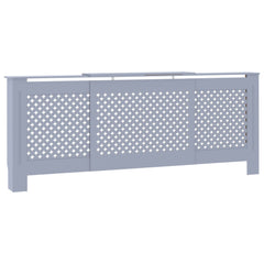 Gray MDF radiator cover cabinet with adjustable length from 55.9 to 80.7 inches and slatted panels.