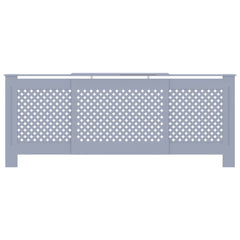 Gray MDF radiator cover cabinet with adjustable length from 55.9 to 80.7 inches and slatted panels.