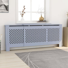 Gray adjustable MDF radiator cover cabinet with slatted design and built-in shelf.