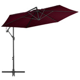 Bordeaux red 118-inch aluminum cantilever garden parasol with tilt arm and base.