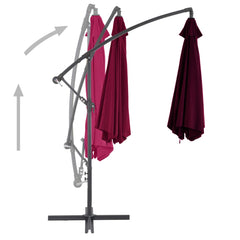 Bordeaux red 118-inch aluminum cantilever garden parasol with tilt mechanism.