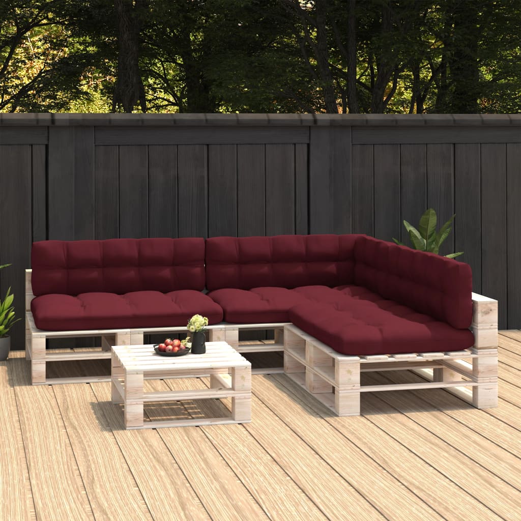 Wine red polyester cushion set for pallet sofas, includes three seat, three back, and one side cushion.