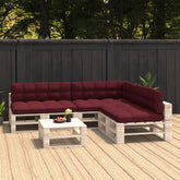 Wine red polyester cushion set for pallet sofas, includes three seat, three back, and one side cushion.