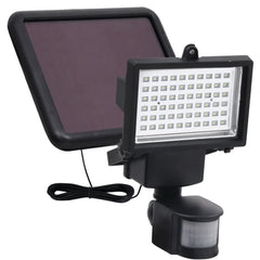 Black solar powered LED spotlight with motion sensor and adjustable features for outdoor use.