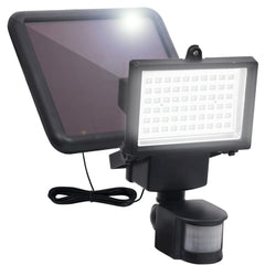 Black solar-powered LED spotlight with motion sensor and adjustable solar panel.