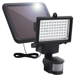 Black solar powered LED spotlight with motion sensor and adjustable mounting options.
