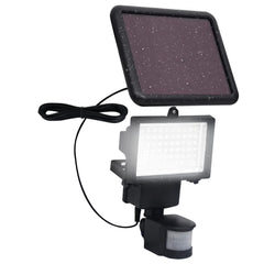 Black solar-powered LED spotlight with motion sensor and adjustable mounting options.