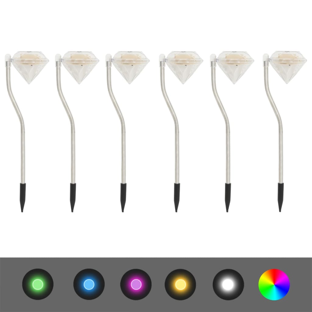 Six white solar LED garden stake lights with diamond-shaped tops and RGB color options.