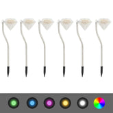 Six white solar LED garden stake lights with diamond-shaped tops and RGB color options.
