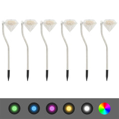 Six white solar LED garden stake lights with diamond-shaped tops and RGB color options.